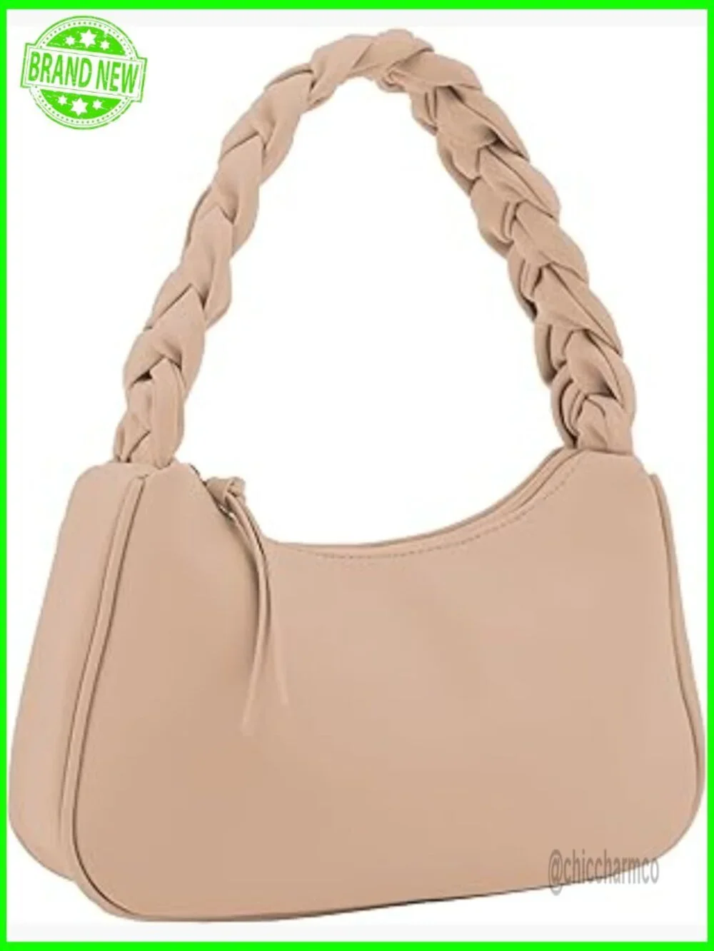 Small Vegan Leather Hobo Tote with Braided Handle, Zipper Closure